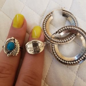 Tiffany's silver ring. Silver ring with turquoise stone, and silver earrings